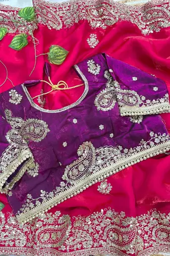 Rani pink silk blend embroidered saree with sequins work