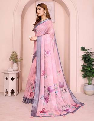 Purple linen cotton floral printed casual saree with matching blouse piece 2