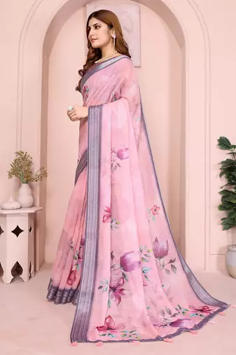 Purple linen cotton floral printed casual saree with matching blouse piece