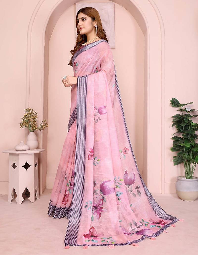 Purple linen cotton floral printed casual saree with matching blouse piece
