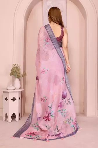 Purple linen cotton floral printed casual saree with matching blouse piece