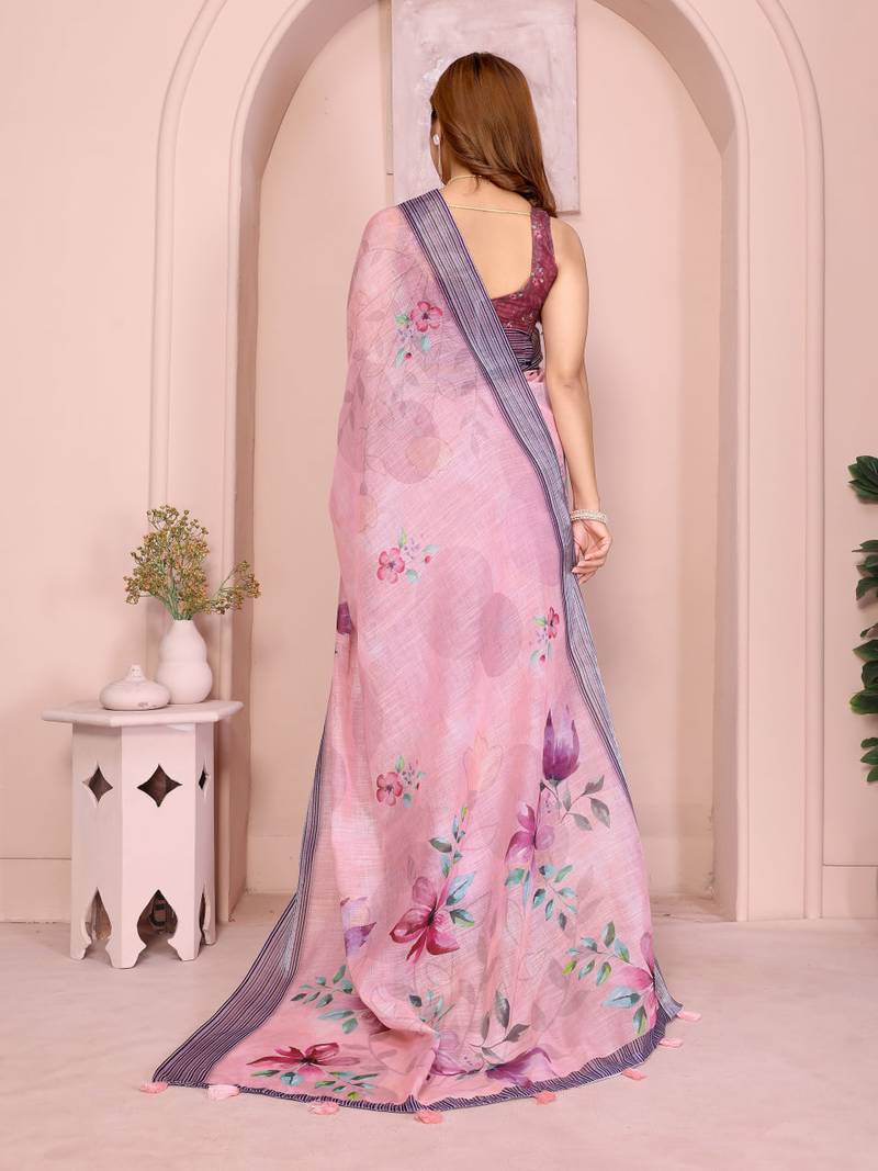 Purple linen cotton floral printed casual saree with matching blouse piece