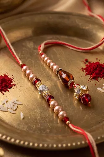 set of 2 multicolor artificial stones & beads bhaiya bhabhi rakhi with roli chawal