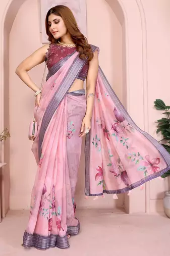 Purple linen cotton floral printed casual saree with matching blouse piece