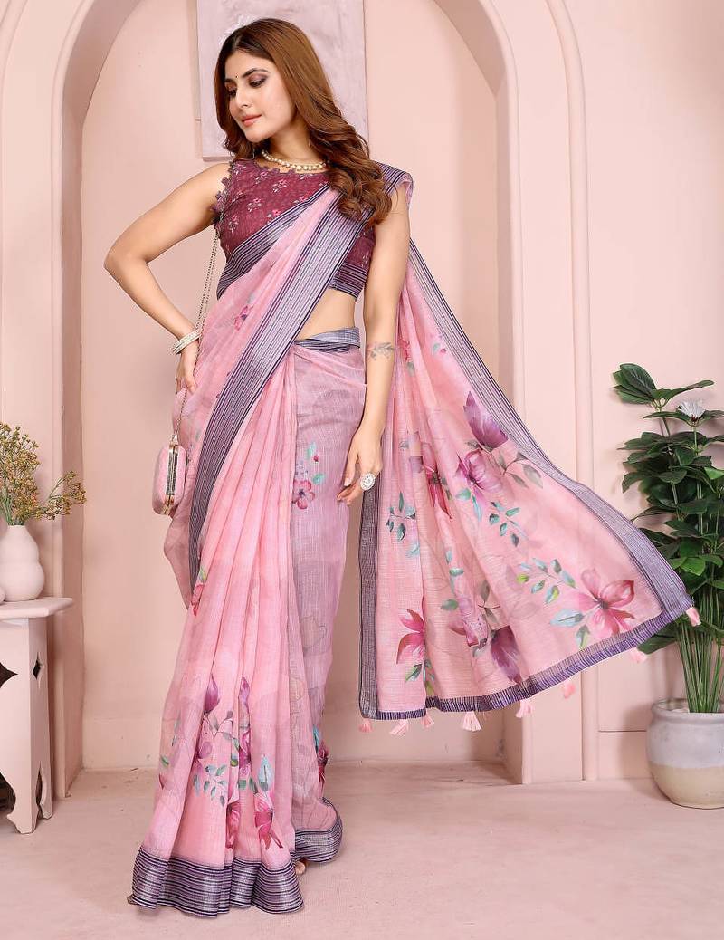 Purple linen cotton floral printed casual saree with matching blouse piece