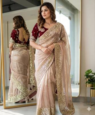 Beige silk blend embroidered saree with sequins work 1