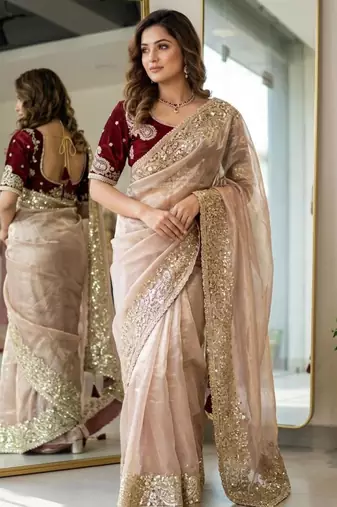 Beige silk blend embroidered saree with sequins work