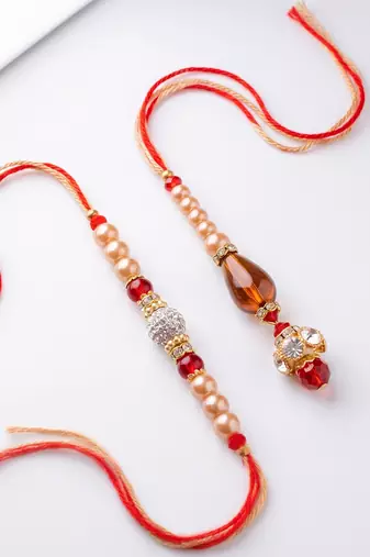 set of 2 multicolor artificial stones & beads bhaiya bhabhi rakhi with roli chawal