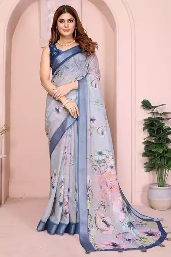 Blue linen cotton floral printed casual saree with matching blouse piece