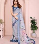 Blue linen cotton floral printed casual saree with matching blouse piece