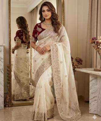 Beige silk blend embroidered saree with sequins work 2