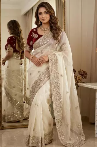 Beige silk blend embroidered saree with sequins work