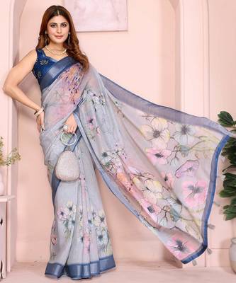 Blue linen cotton floral printed casual saree with matching blouse piece 2