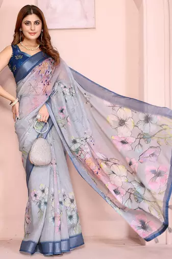 Blue linen cotton floral printed casual saree with matching blouse piece