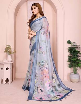 Blue linen cotton floral printed casual saree with matching blouse piece 3