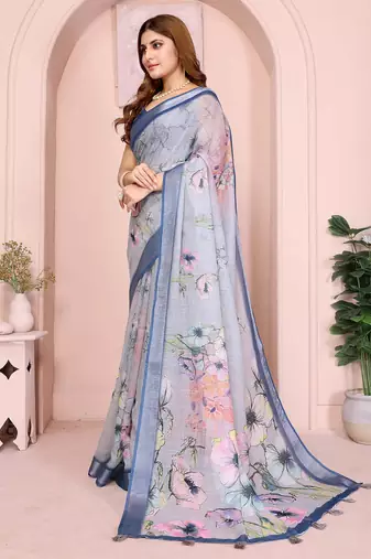 Blue linen cotton floral printed casual saree with matching blouse piece