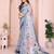 Blue linen cotton floral printed casual saree with matching blouse piece