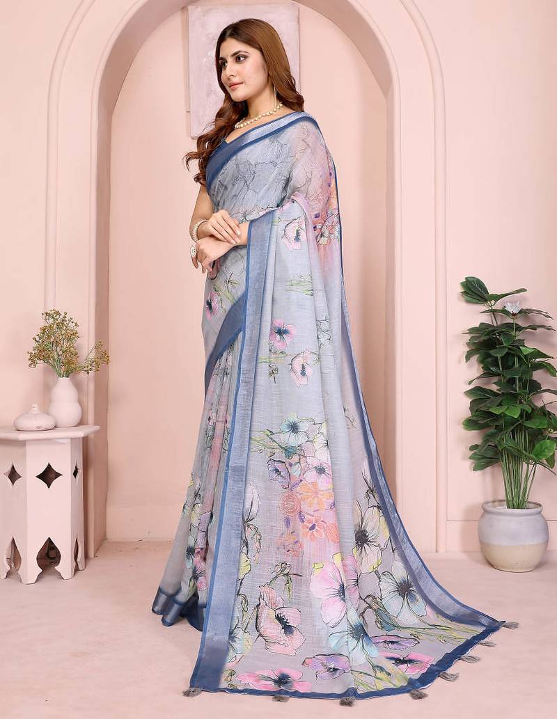 Blue linen cotton floral printed casual saree with matching blouse piece