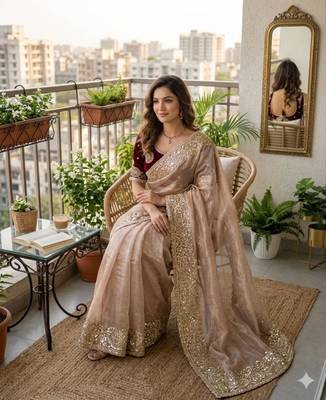 Beige silk blend embroidered saree with sequins work 3