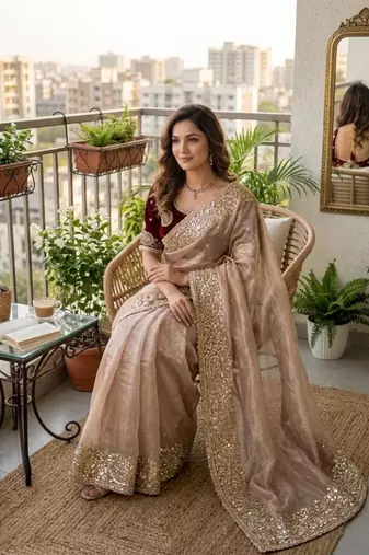 Beige silk blend embroidered saree with sequins work
