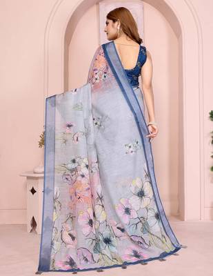 Blue linen cotton floral printed casual saree with matching blouse piece 4