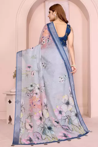 Blue linen cotton floral printed casual saree with matching blouse piece