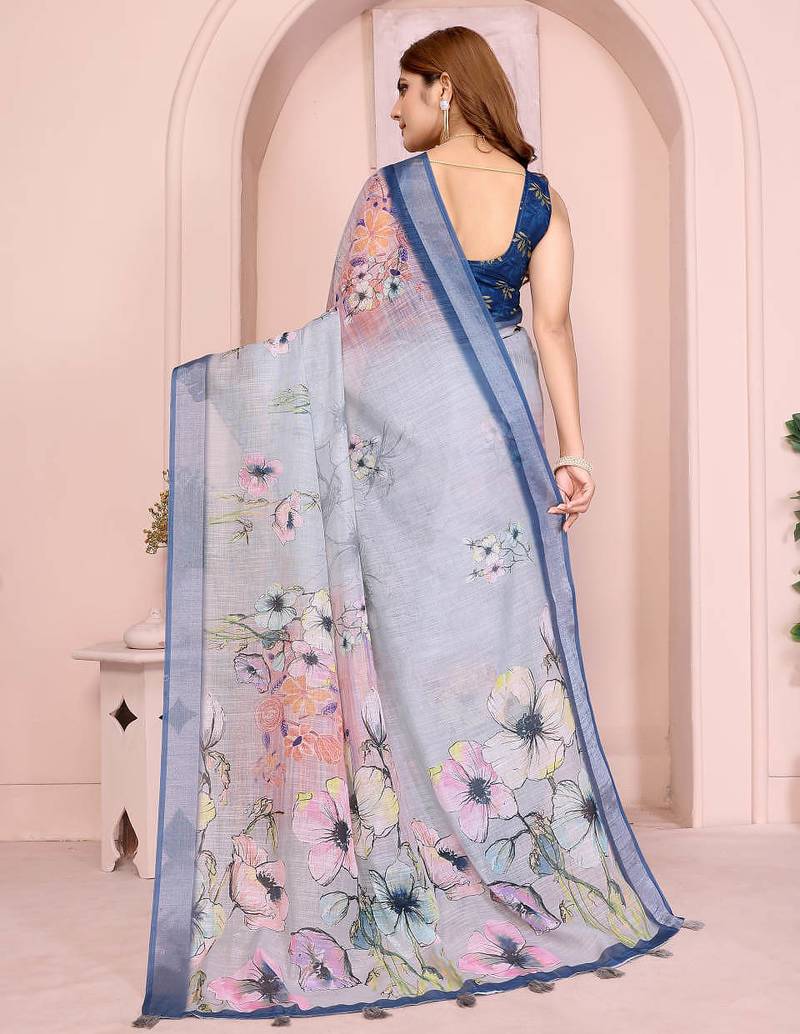 Blue linen cotton floral printed casual saree with matching blouse piece