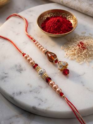 set of 2 multicolor artificial stones & beads bhaiya bhabhi rakhi with roli chawal 5