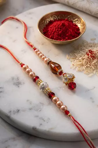 set of 2 multicolor artificial stones & beads bhaiya bhabhi rakhi with roli chawal