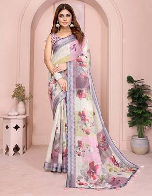 Multicolor linen cotton floral printed casual saree with matching blouse piece 1
