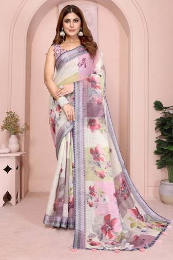 Multicolor linen cotton floral printed casual saree with matching blouse piece
