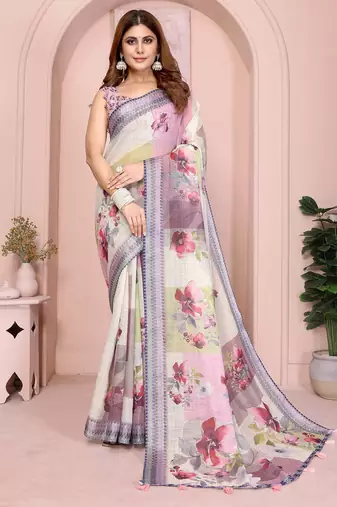 Multicolor linen cotton floral printed casual saree with matching blouse piece