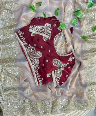 Beige silk blend embroidered saree with sequins work 4