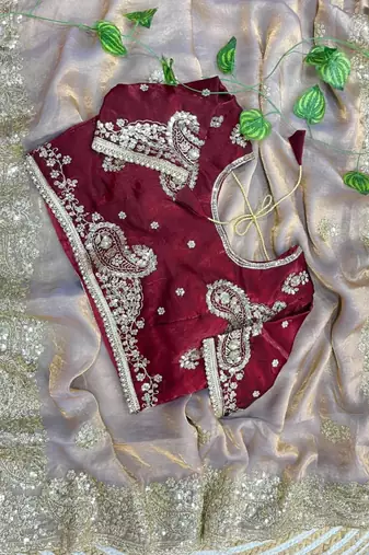 Beige silk blend embroidered saree with sequins work