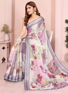 Multicolor linen cotton floral printed casual saree with matching blouse piece 2