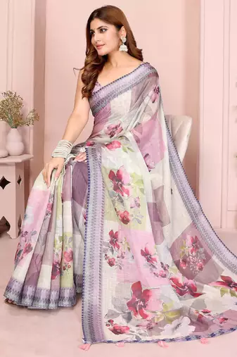 Multicolor linen cotton floral printed casual saree with matching blouse piece