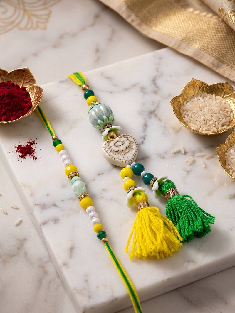 set of 2 green & yellow beaded heart shape bhaiya bhabhi rakhi with roli chawal