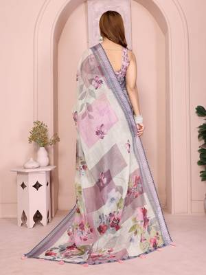 Multicolor linen cotton floral printed casual saree with matching blouse piece 3
