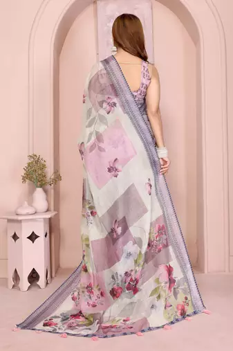 Multicolor linen cotton floral printed casual saree with matching blouse piece