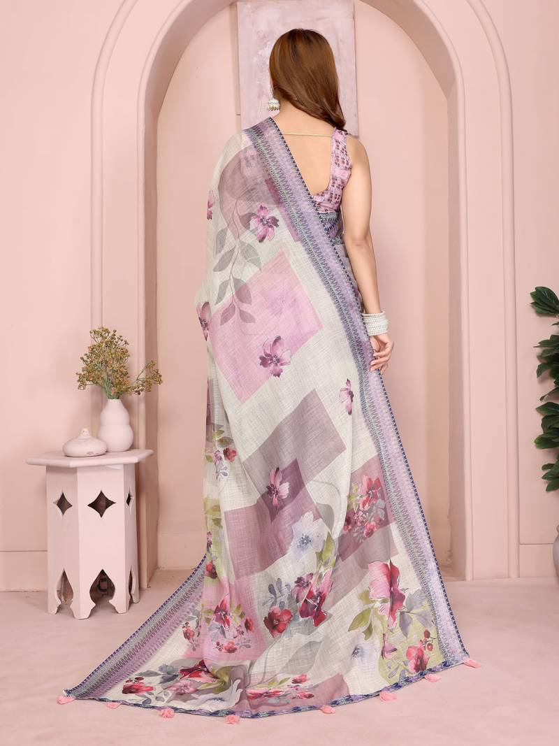 Multicolor linen cotton floral printed casual saree with matching blouse piece