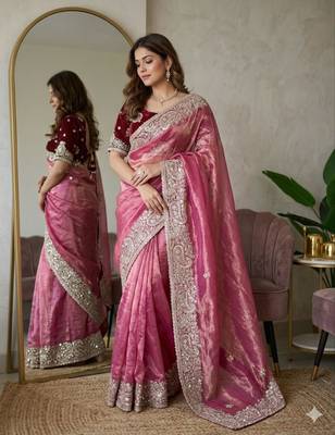 Pink silk blend embroidered saree with sequins work 1
