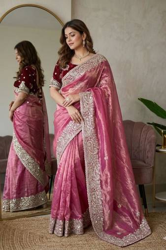 Pink silk blend embroidered saree with sequins work