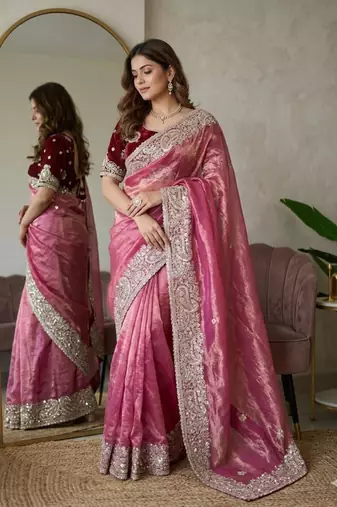 Pink silk blend embroidered saree with sequins work