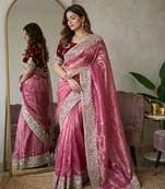 Pink silk blend embroidered saree with sequins work