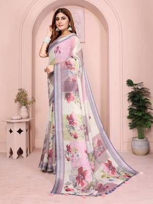 Multicolor linen cotton floral printed casual saree with matching blouse piece 4
