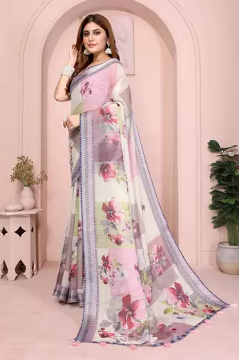 Multicolor linen cotton floral printed casual saree with matching blouse piece