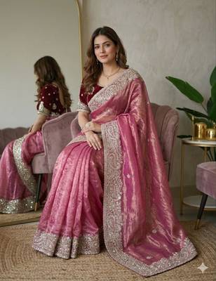 Pink silk blend embroidered saree with sequins work 2