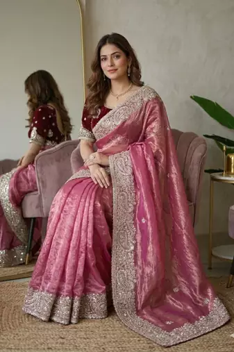 Pink silk blend embroidered saree with sequins work