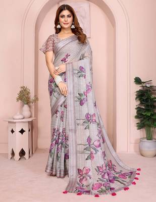 Grey linen cotton floral printed casual saree with matching blouse piece 1