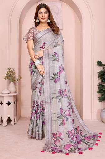 Grey linen cotton floral printed casual saree with matching blouse piece